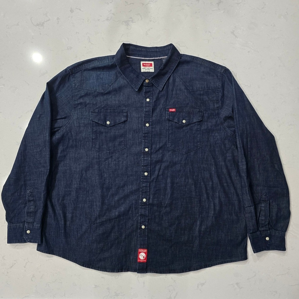 Wrangler Mens 3XL Western Denim Pearl Snap Shirt Indigo Blue Cowboy Workwear